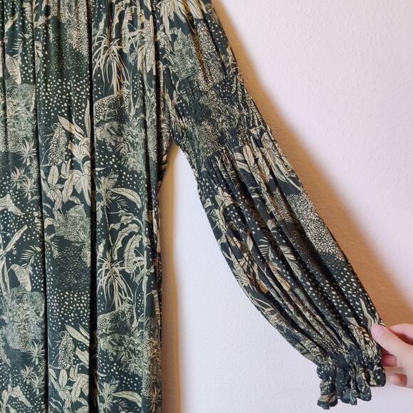 Roma Label Ruffle Mock Neck Long Sleeve Midi Dress Dark Forest Jungle Medium - Picture 4 of 12